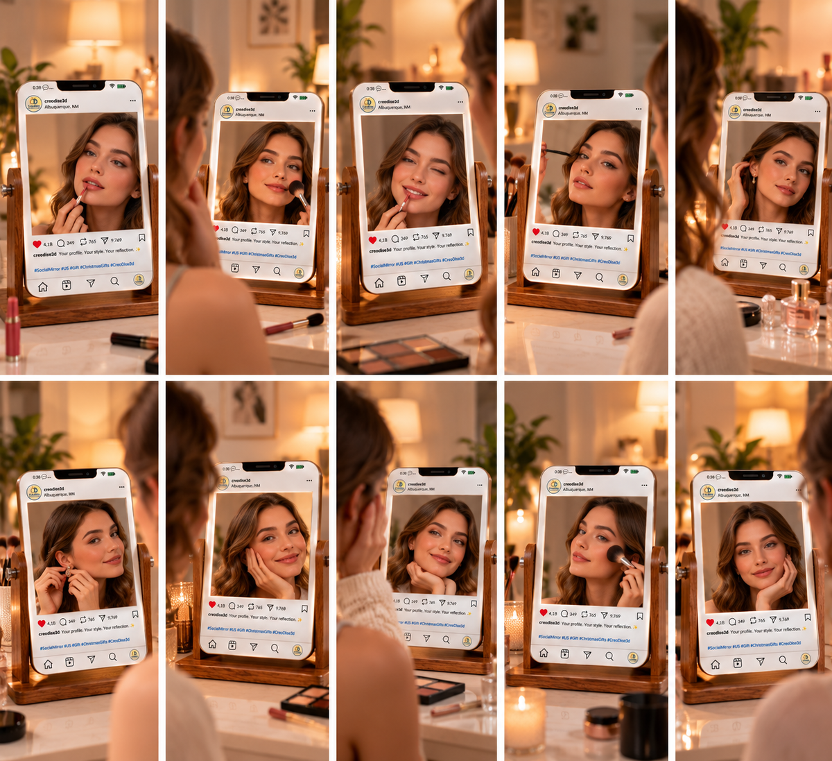 Personalized Social Media Phone Screen Mirror – Custom Tabletop Mirror with Wooden Stand
