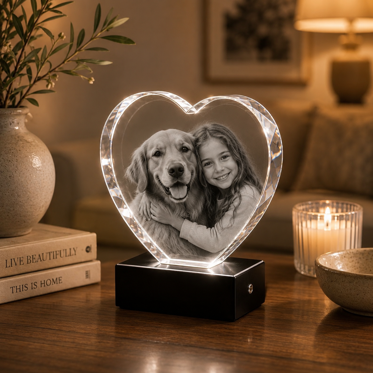 Custom 3D Photo Crystal Heart with LED Base – Personalized Laser Etched Glass Keepsake