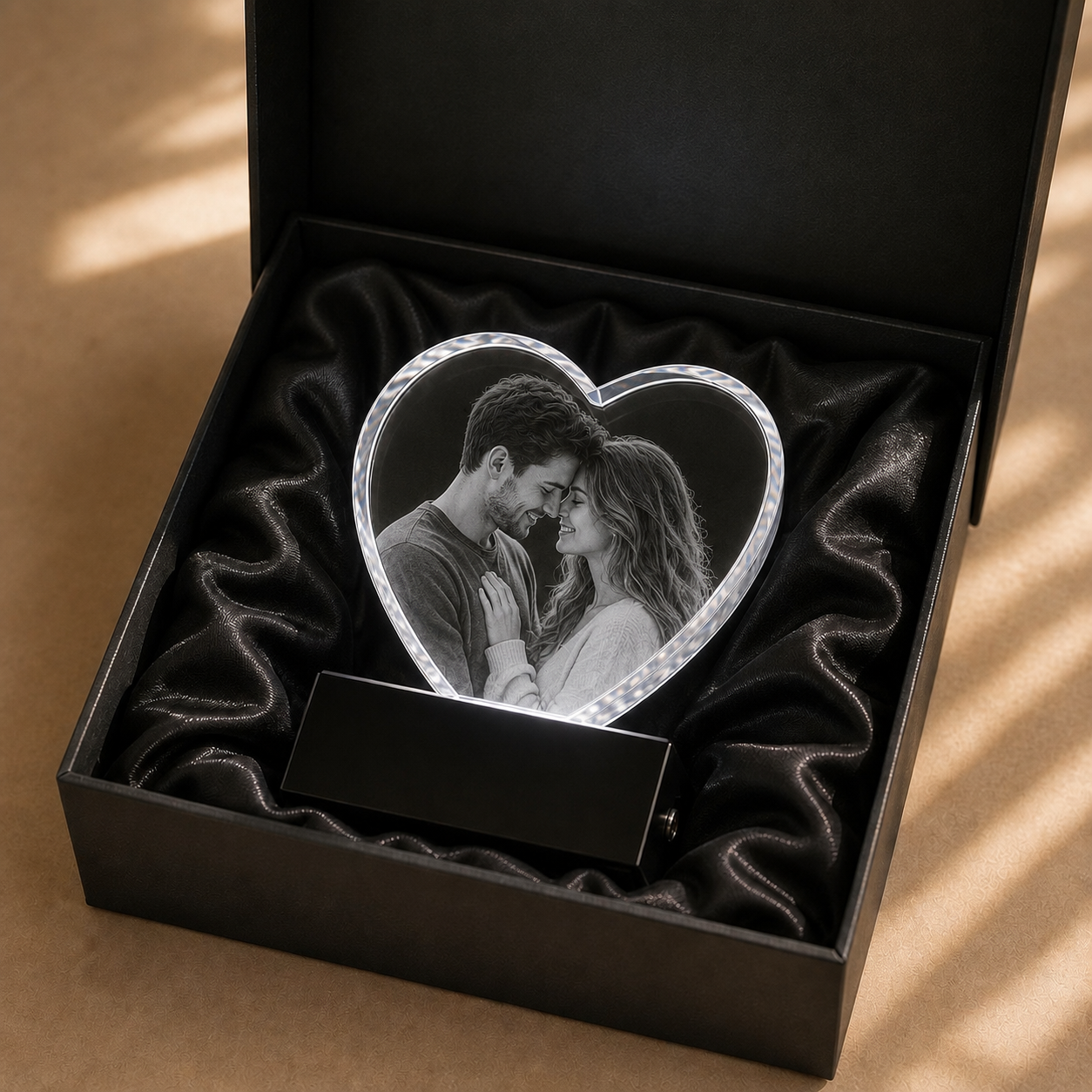 Custom 3D Photo Crystal Heart with LED Base – Personalized Laser Etched Glass Keepsake