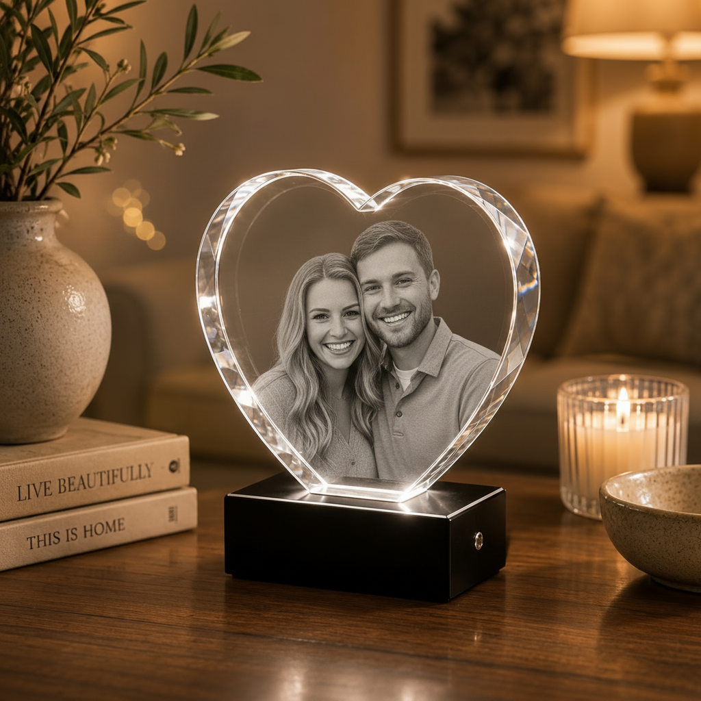 Personalized 3D photo crystal heart with LED base