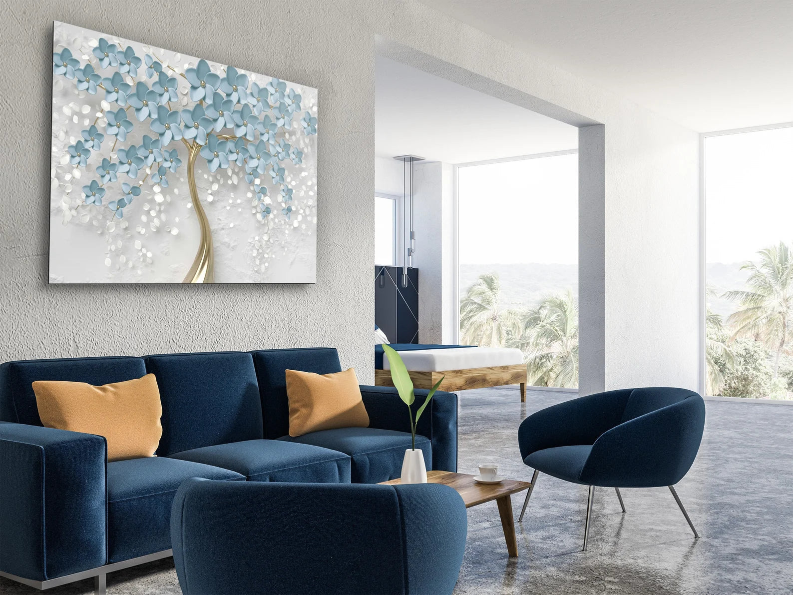 Glass Wall Art Prints Blue Flowers UV Printing Decor