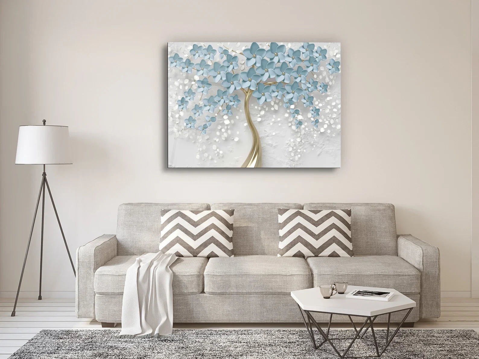 Glass Wall Art Prints Blue Flowers UV Printing Decor