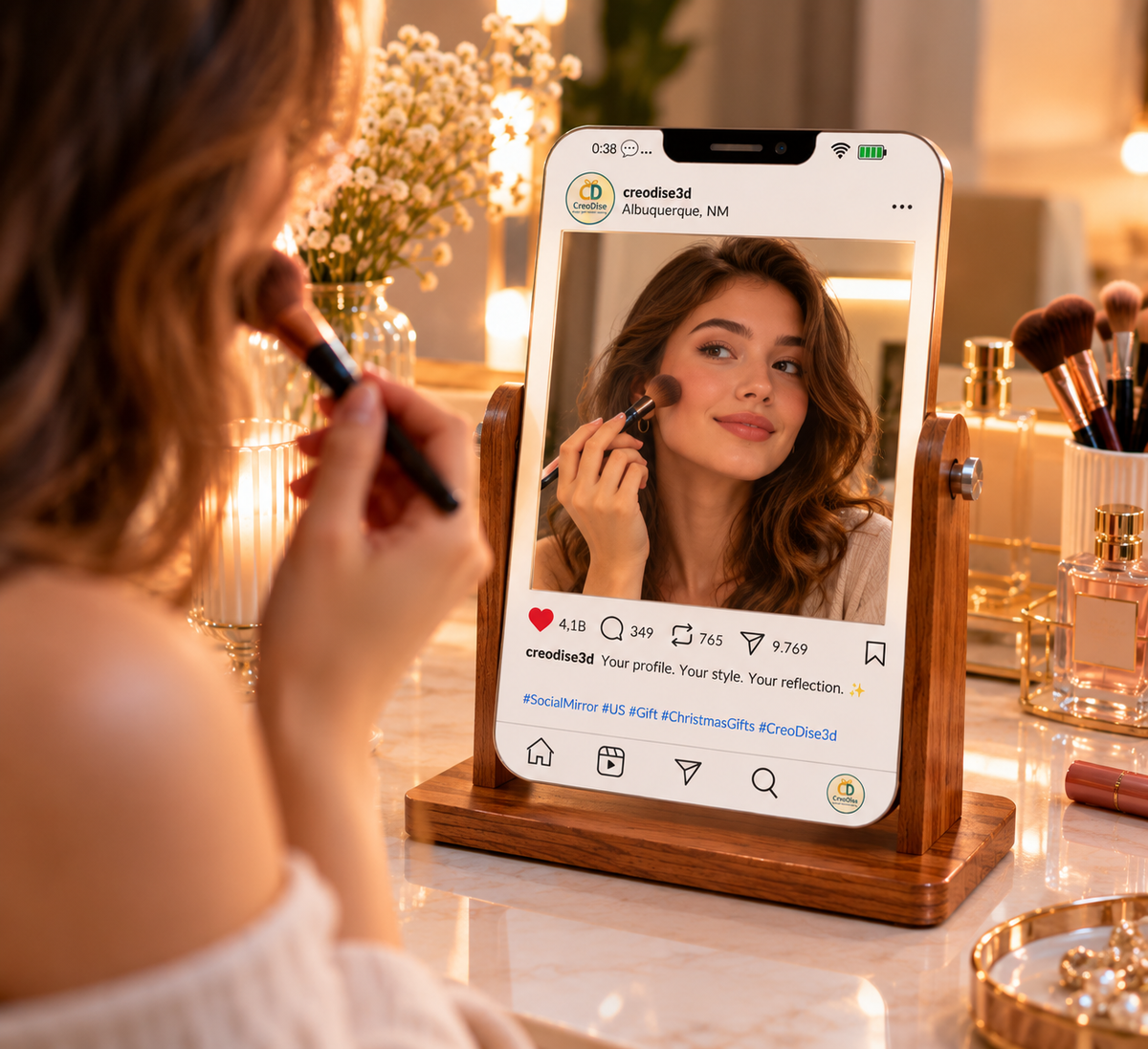 Custom phone screen mirror displayed on a vanity table with wooden stand