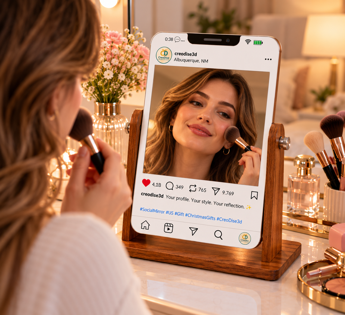 Young woman using custom social media tabletop mirror while applying makeup