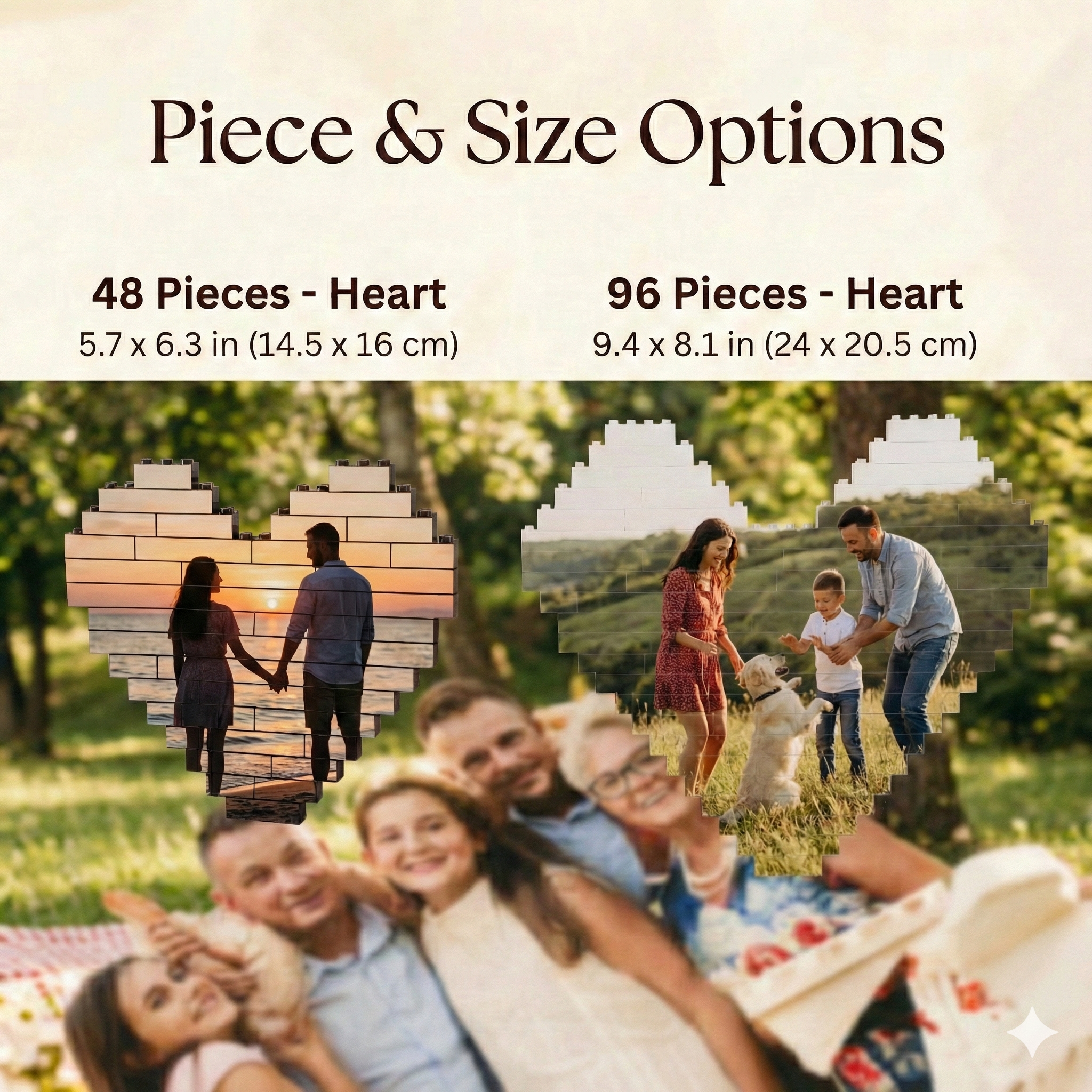 Custom photo building brick puzzle size options