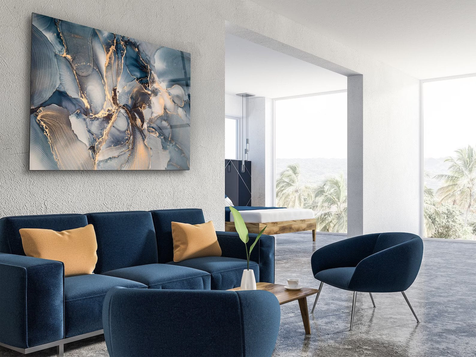 Glass Wall Art Gift, Housewarming Italian Tempered Blue Gray Abstract