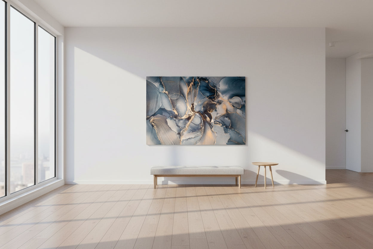 Blue gray glass wall artwork detail