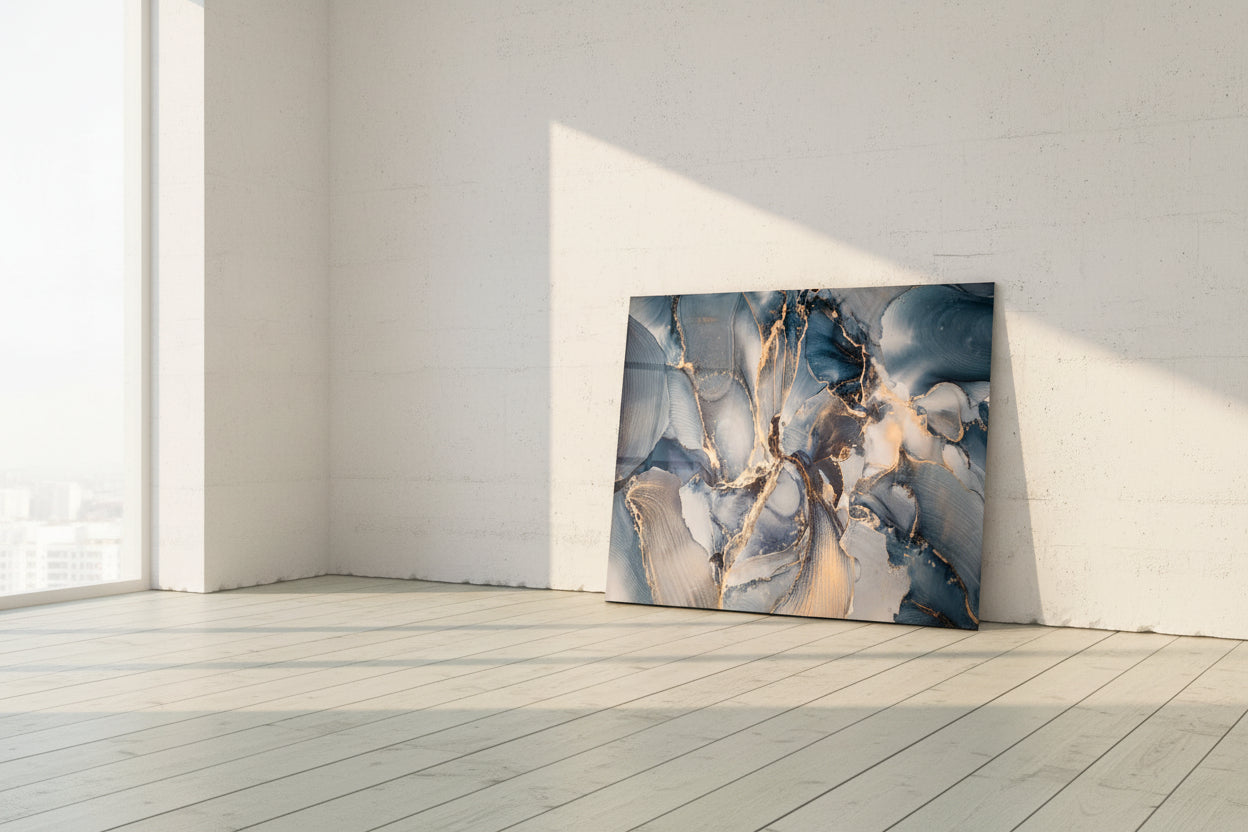 Blue gray abstract tempered glass wall art