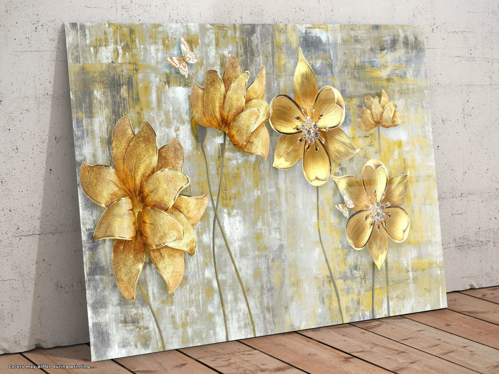 Golden Flowers Glass Wall Art Large Decor Housewarming Gift Modern
