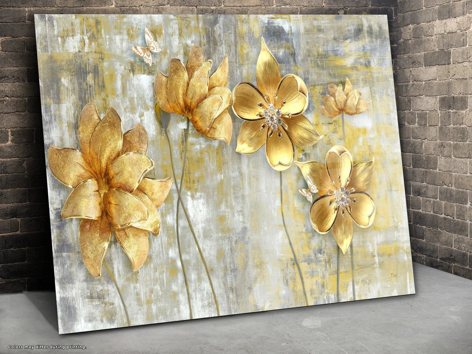 Golden Flowers Glass Wall Art Large Decor Housewarming Gift Modern