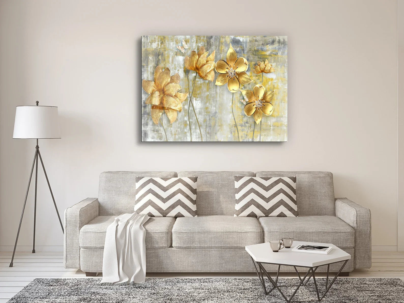 Golden Flowers Glass Wall Art Large Decor Housewarming Gift Modern