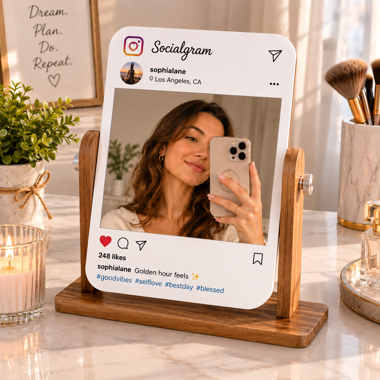 Personalized social media tabletop mirror with custom profile photo and wooden stand