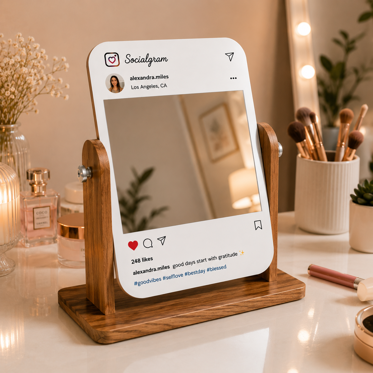 Custom social media vanity mirror with personalized username, caption and profile details