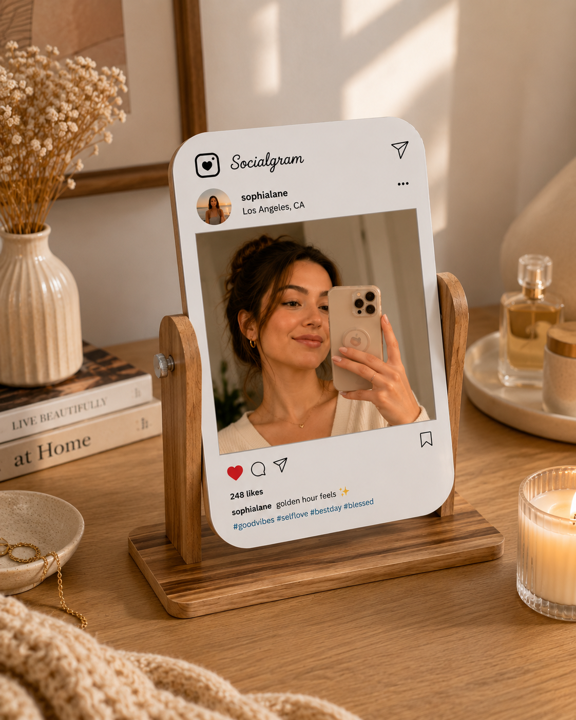 Adjustable personalized tabletop mirror with wooden stand for desk or vanity