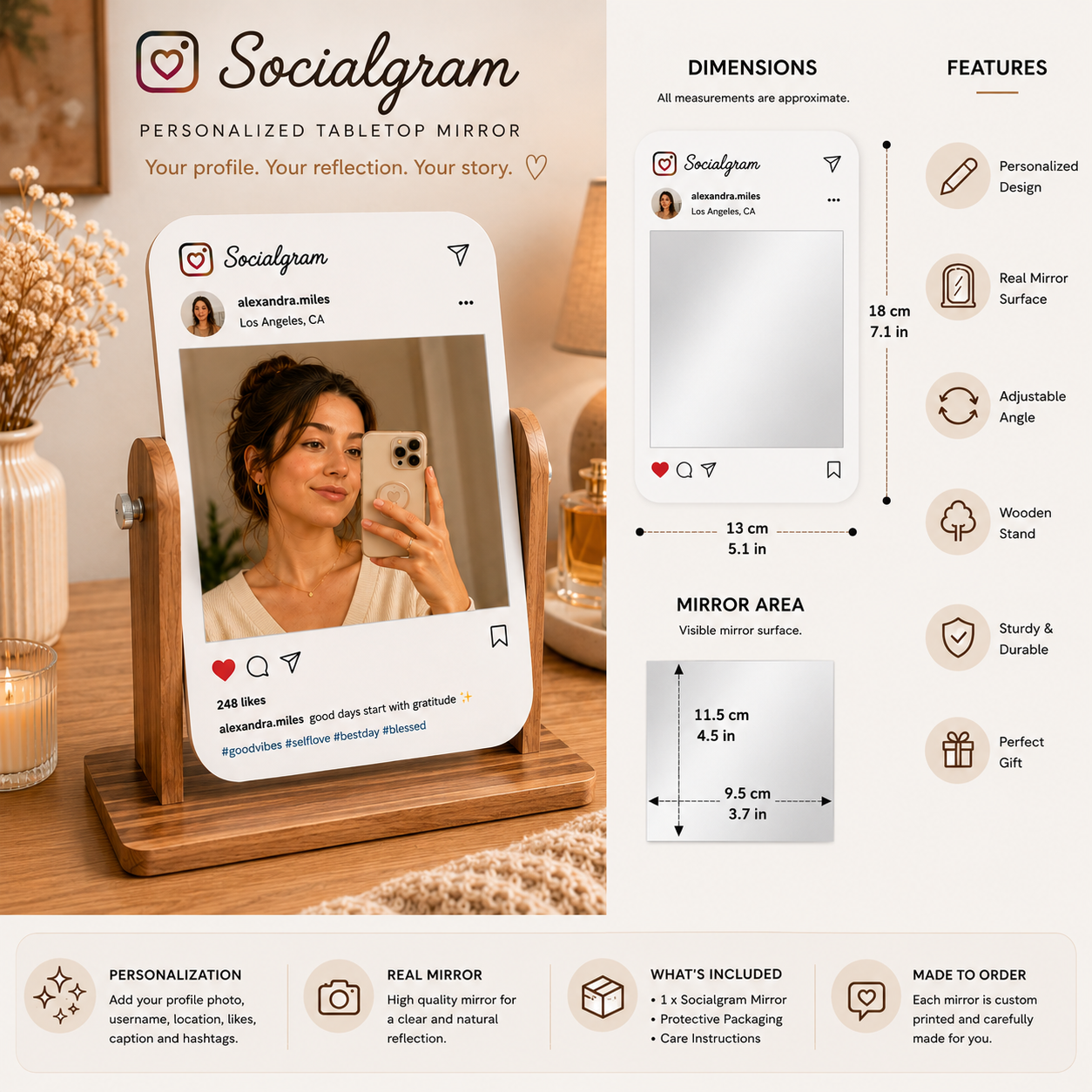 Personalized tabletop mirror size guide showing 5.1 × 7.1 inch overall panel