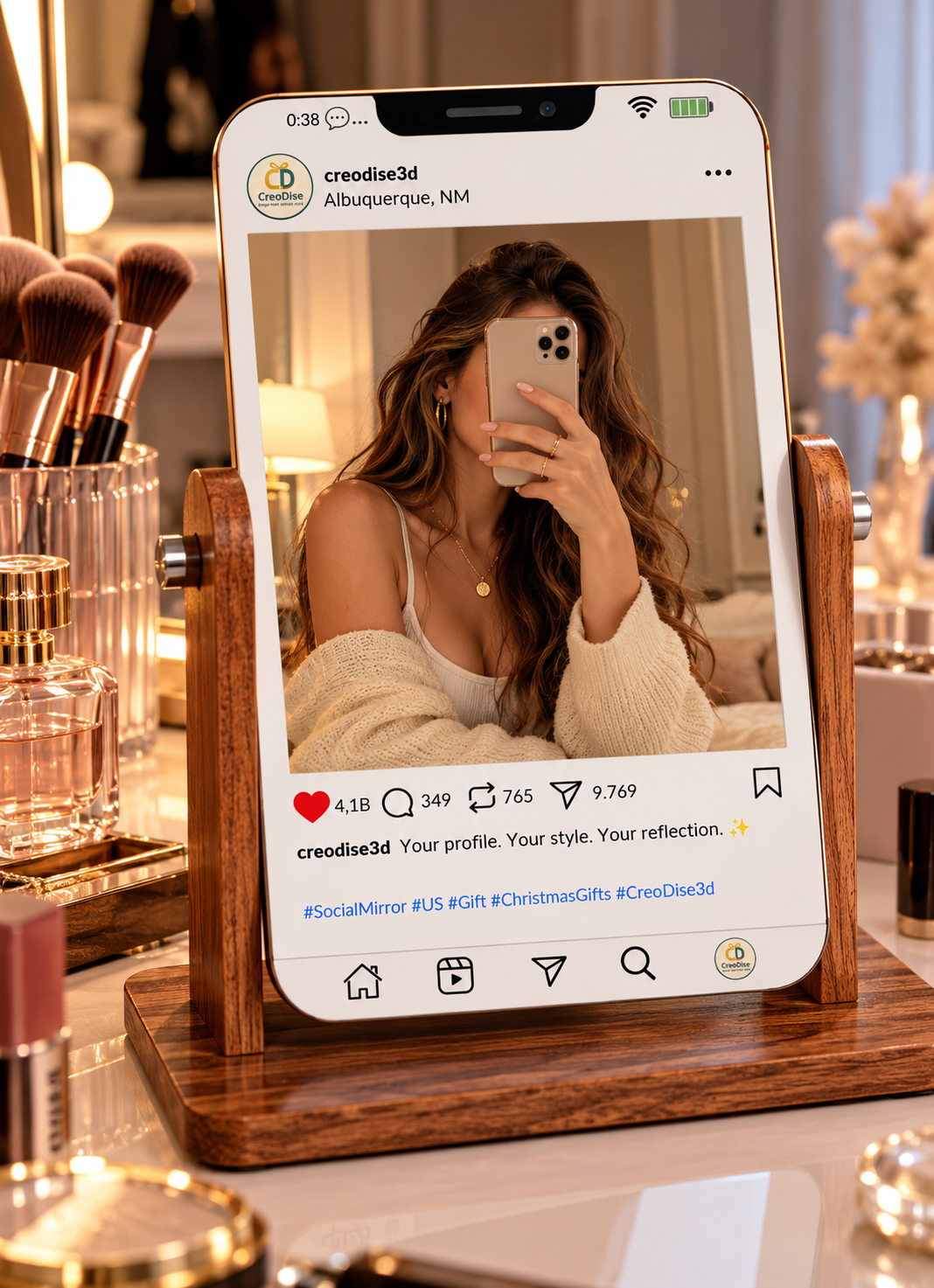Young woman taking a mirror selfie with personalized phone screen tabletop mirror