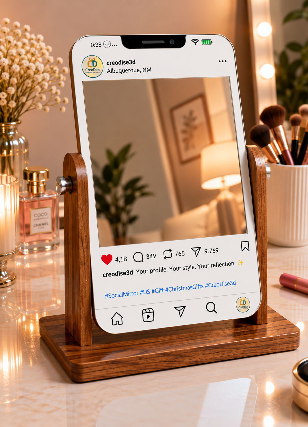 Personalized social media phone screen tabletop mirror with wooden stand