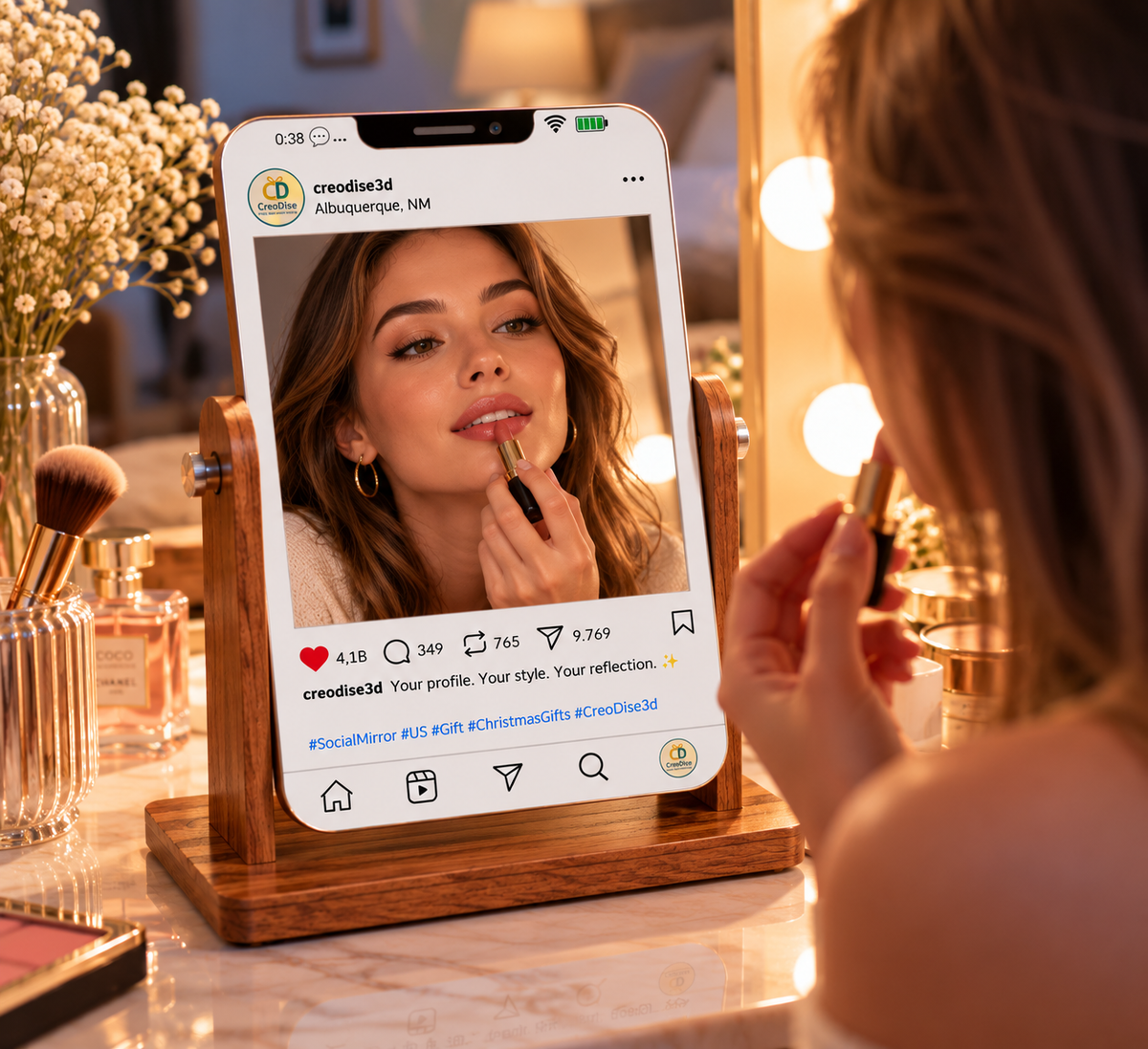 Personalized tabletop mirror with wooden stand shown during makeup routine